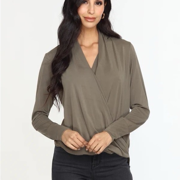 Veronica M Tops - Veronica M Olive Cupro Draped Surplice Top